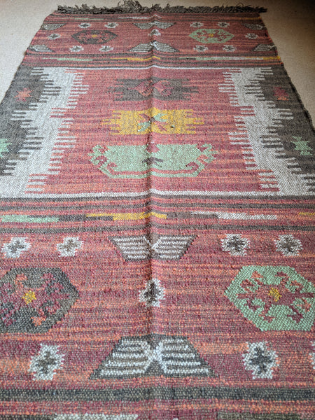 150x90cm INDIAN KILIM KELIM Jute Wool Aztec Design HAND WOVEN Carpet Rug Runner