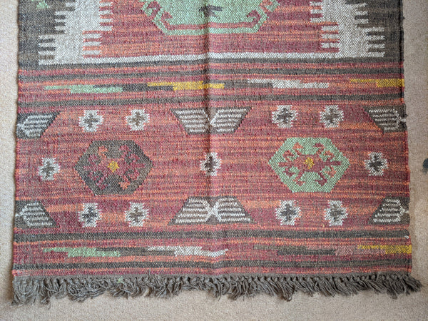 150x90cm INDIAN KILIM KELIM Jute Wool Aztec Design HAND WOVEN Carpet Rug Runner