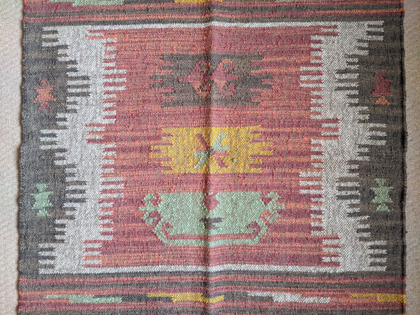 150x90cm INDIAN KILIM KELIM Jute Wool Aztec Design HAND WOVEN Carpet Rug Runner