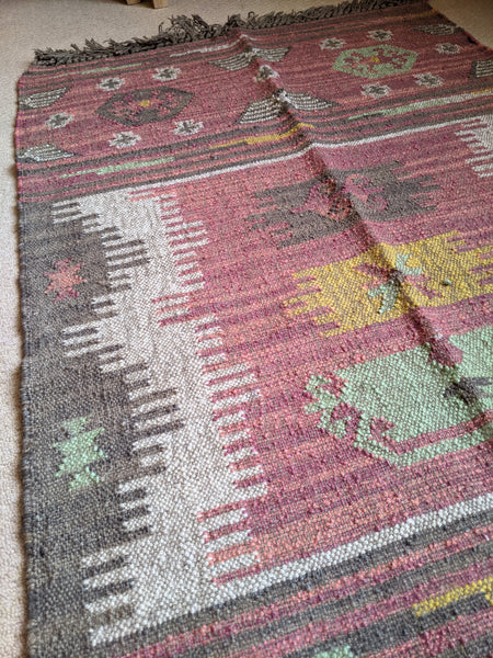 150x90cm INDIAN KILIM KELIM Jute Wool Aztec Design HAND WOVEN Carpet Rug Runner