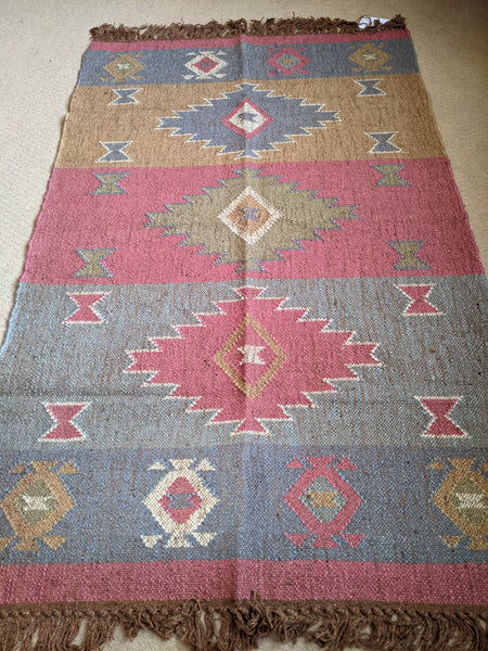 150x90cm INDIAN KILIM KELIM Jute Wool Aztec Design HAND WOVEN Carpet Rug Runner