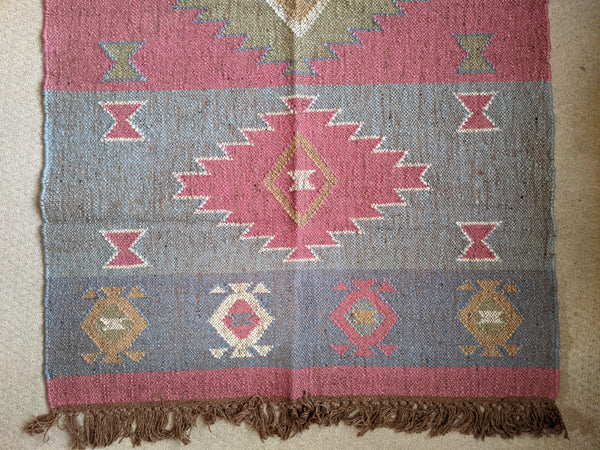 150x90cm INDIAN KILIM KELIM Jute Wool Aztec Design HAND WOVEN Carpet Rug Runner