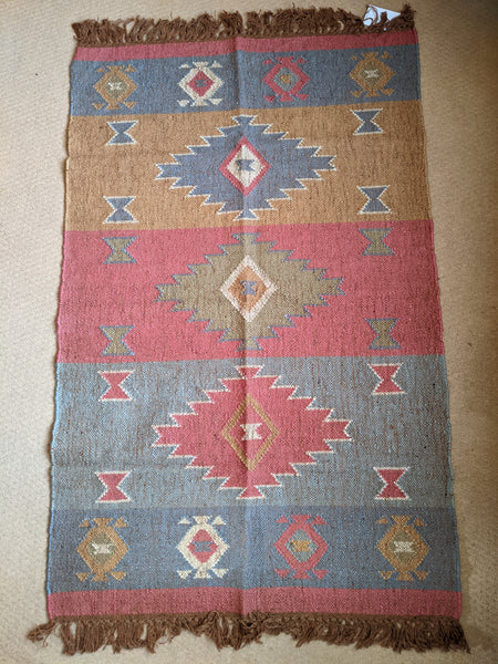 150x90cm INDIAN KILIM KELIM Jute Wool Aztec Design HAND WOVEN Carpet Rug Runner