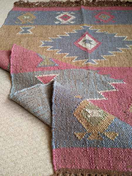 150x90cm INDIAN KILIM KELIM Jute Wool Aztec Design HAND WOVEN Carpet Rug Runner