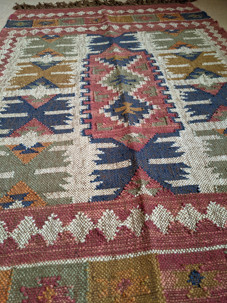 150x90cm INDIAN KILIM KELIM Jute Wool Aztec Design HAND WOVEN Carpet Rug Runner