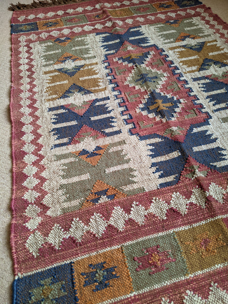 150x90cm INDIAN KILIM KELIM Jute Wool Aztec Design HAND WOVEN Carpet Rug Runner
