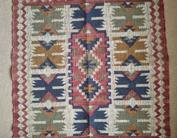 150x90cm INDIAN KILIM KELIM Jute Wool Aztec Design HAND WOVEN Carpet Rug Runner