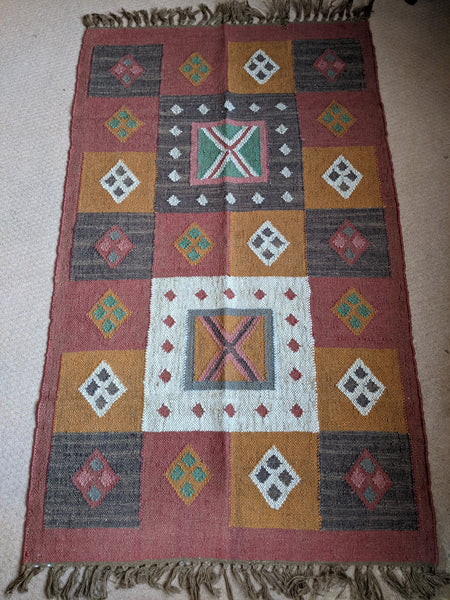 150x90cm INDIAN KILIM KELIM Jute Wool Aztec Design HAND WOVEN Carpet Rug Runner