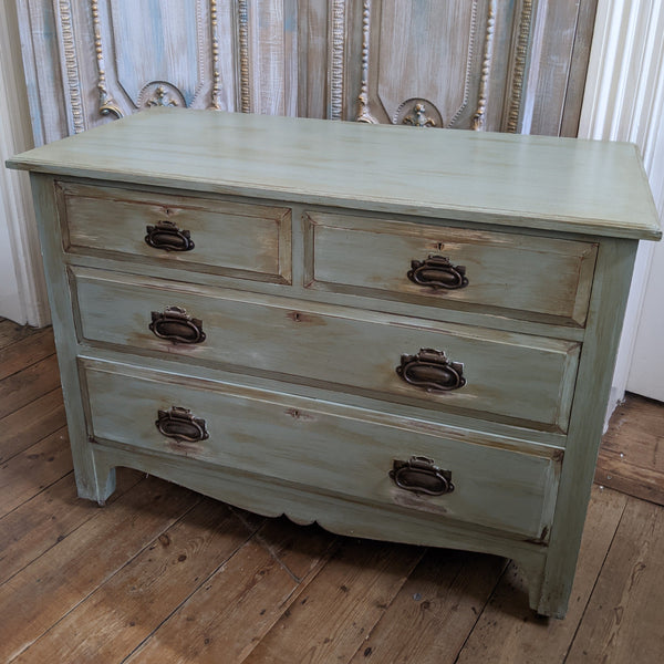 ANTIQUE Art Nouveau Distressed GREEN Painted Shabby Chic Chest of 2 Over 2 Drawer Unit