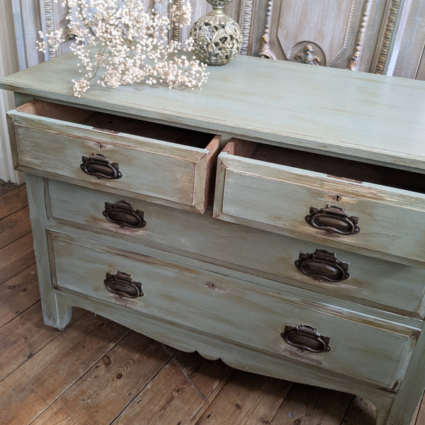 ANTIQUE Art Nouveau Distressed GREEN Painted Shabby Chic Chest of 2 Over 2 Drawer Unit