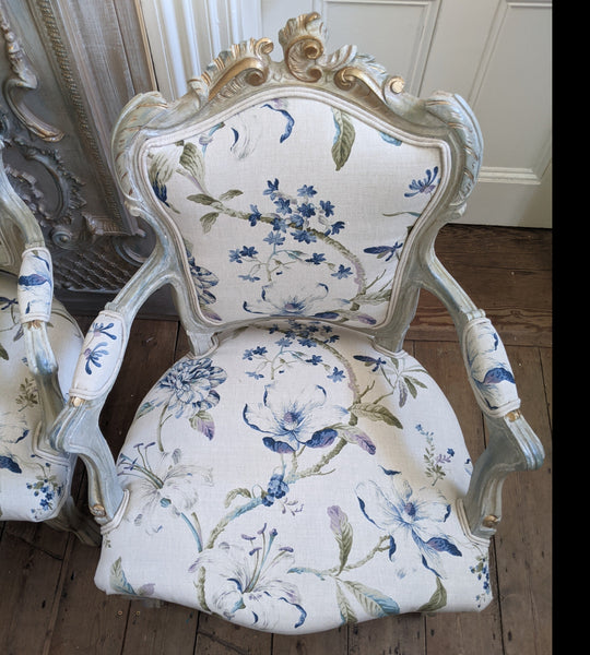 Antique FRENCH LOUIS Shabby Chic Painted Grey Carved Floral LINEN Hall Boudoir Chair