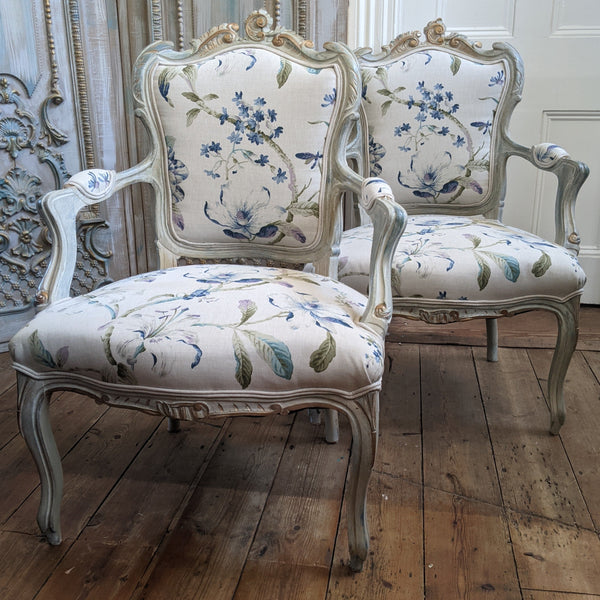 Antique FRENCH LOUIS Shabby Chic Painted Grey Carved Floral LINEN Hall Boudoir Chair