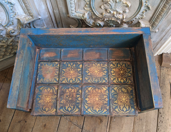 Vintage INDIAN Painted Hardwood Carved TEAL Blue Rustic Storage Bench Stool Seat