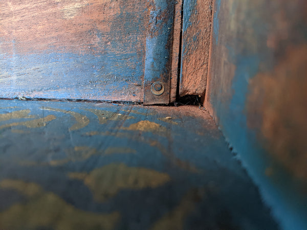 Vintage INDIAN Painted Hardwood Carved TEAL Blue Rustic Storage Bench Stool Seat