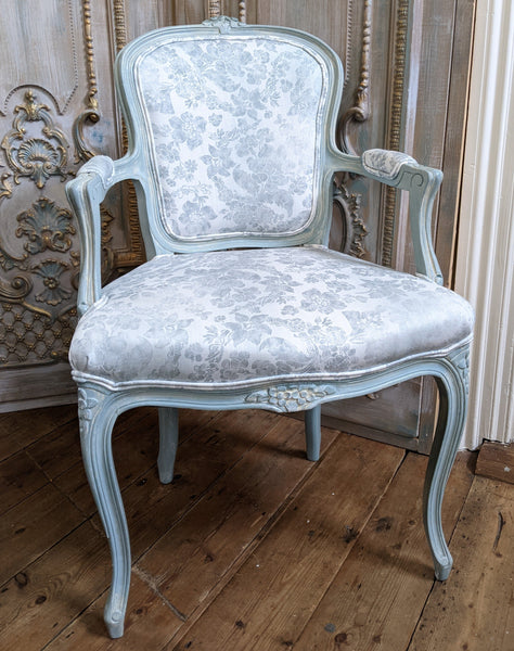 Vintage FRENCH Louis Shabby Chic Carved Blue LINEN Fireside Library Arm Chair
