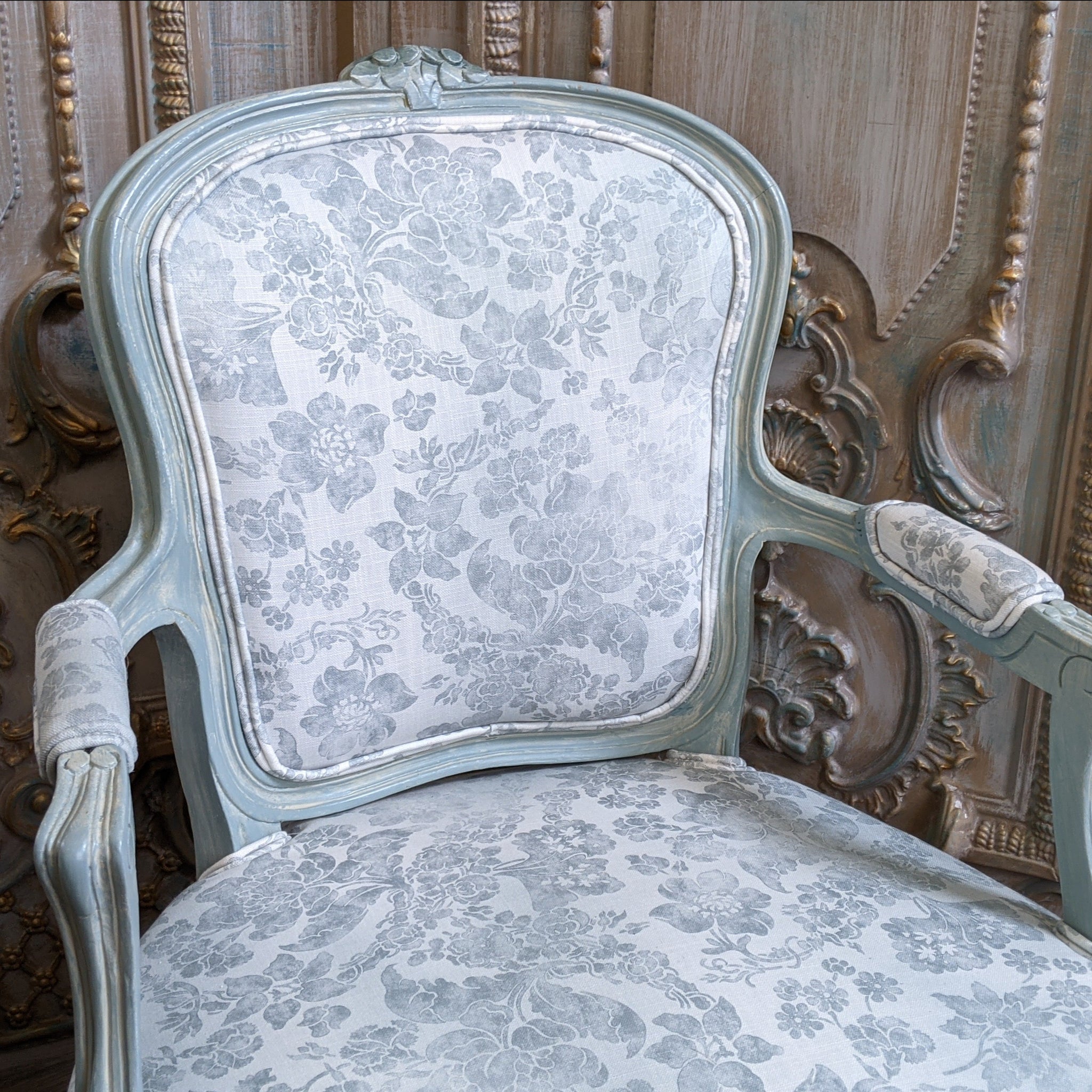 Vintage FRENCH Louis Shabby Chic Carved Blue LINEN Fireside Library Arm Chair
