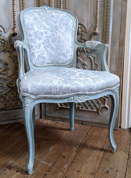 Vintage FRENCH Louis Shabby Chic Carved Blue LINEN Fireside Library Arm Chair