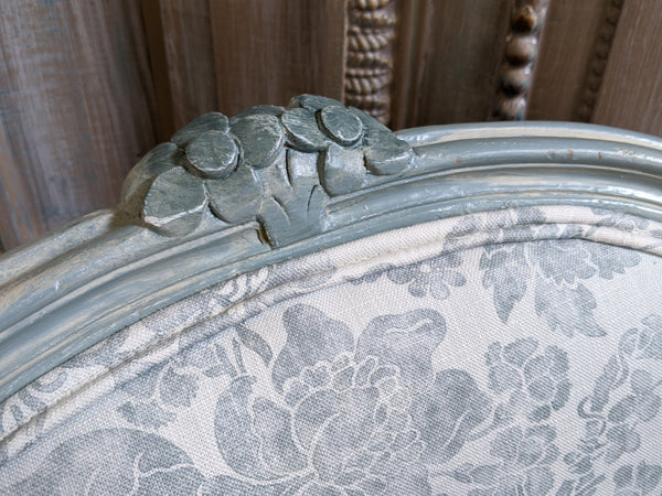 Vintage FRENCH Louis Shabby Chic Carved Blue LINEN Fireside Library Arm Chair