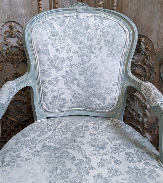 Vintage FRENCH Louis Shabby Chic Carved Blue LINEN Fireside Library Arm Chair