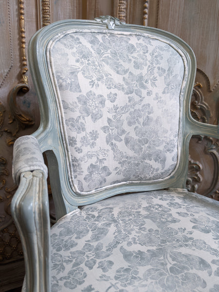 Vintage FRENCH Louis Shabby Chic Carved Blue LINEN Fireside Library Arm Chair