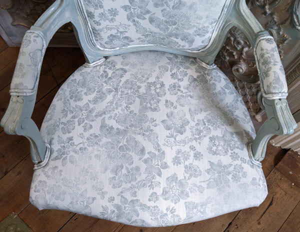 Vintage FRENCH Louis Shabby Chic Carved Blue LINEN Fireside Library Arm Chair