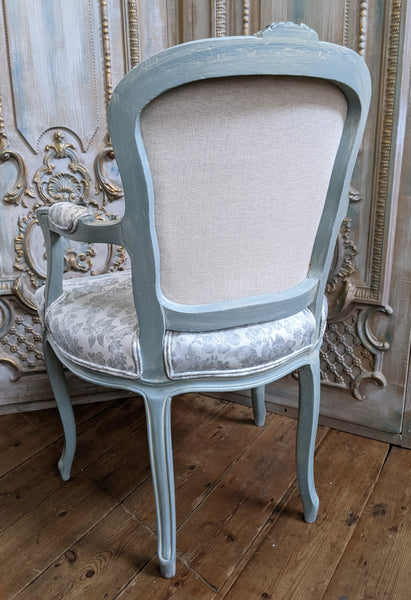 Vintage FRENCH Louis Shabby Chic Carved Blue LINEN Fireside Library Arm Chair