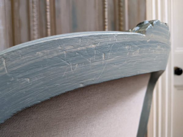 Vintage FRENCH Louis Shabby Chic Carved Blue LINEN Fireside Library Arm Chair