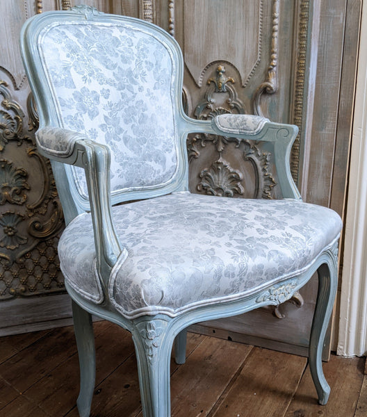 Vintage FRENCH Louis Shabby Chic Carved Blue LINEN Fireside Library Arm Chair