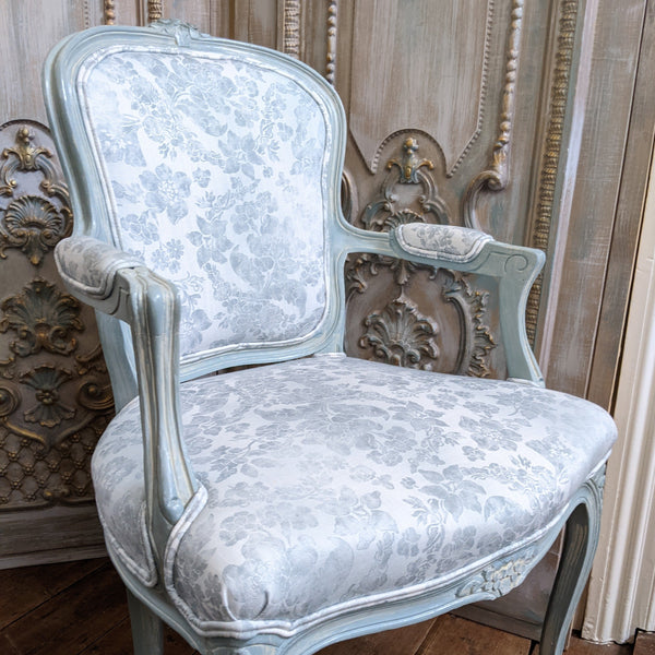 Vintage FRENCH Louis Shabby Chic Carved Blue LINEN Fireside Library Arm Chair