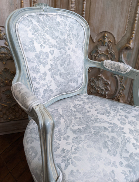 Vintage FRENCH Louis Shabby Chic Carved Blue LINEN Fireside Library Arm Chair