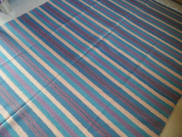 New 180x245cm Blue INDIAN KILIM KELIM 100% COTTON Aztec Design HAND WOVEN Carpet Rug Runner or Throw