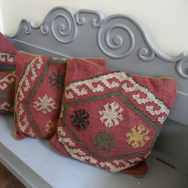 New 18" Square INDIAN KILIM KELIM Jute & Wool Aztec Design HAND WOVEN CUSHION & Cover