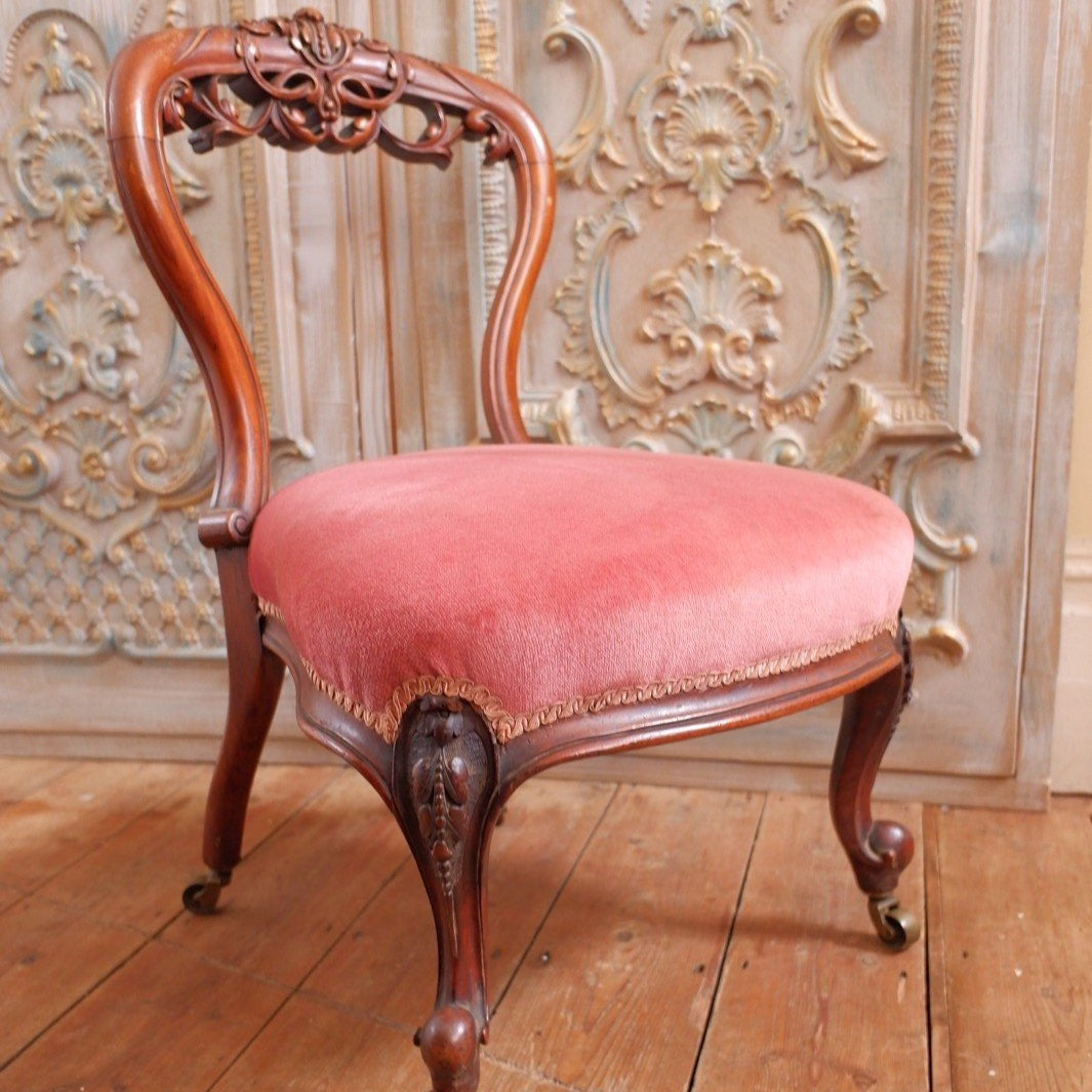 Antique Victorian Walnut Carved NURSING Fireside Hall Side Low Chair