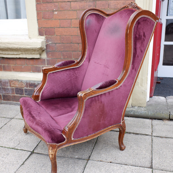 Vintage FRENCH Louis Shabby Chic WING Back High Back Throne Carved Armchair Chair