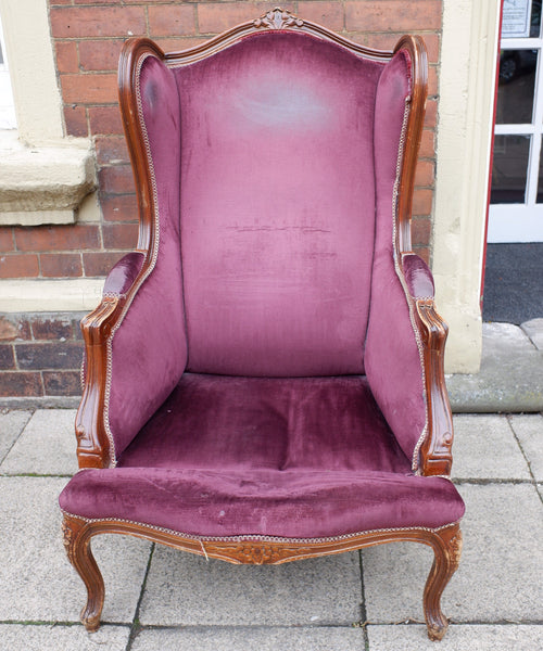 Vintage FRENCH Louis Shabby Chic WING Back High Back Throne Carved Armchair Chair