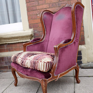 Vintage FRENCH Louis Shabby Chic WING Back High Back Throne Carved