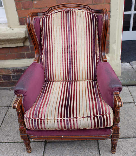 Vintage FRENCH Louis Shabby Chic WING Back LARGE Throne Carved Armchair Chair