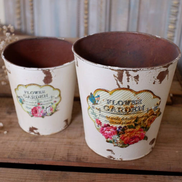 NEW French CREAM Vintage Shabby Chic Set of 2 Planter Metal Baskets Pots Buckets Bin Pail