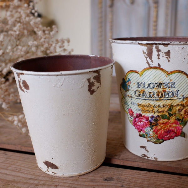 NEW French CREAM Vintage Shabby Chic Set of 2 Planter Metal Baskets Pots Buckets Bin Pail