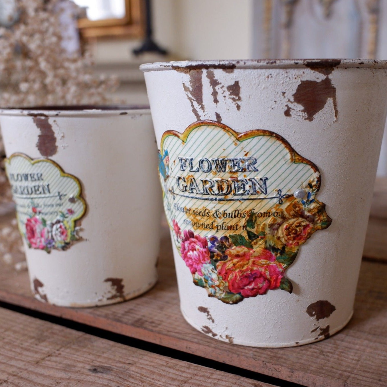 NEW French CREAM Vintage Shabby Chic Set of 2 Planter Metal Baskets Pots Buckets Bin Pail