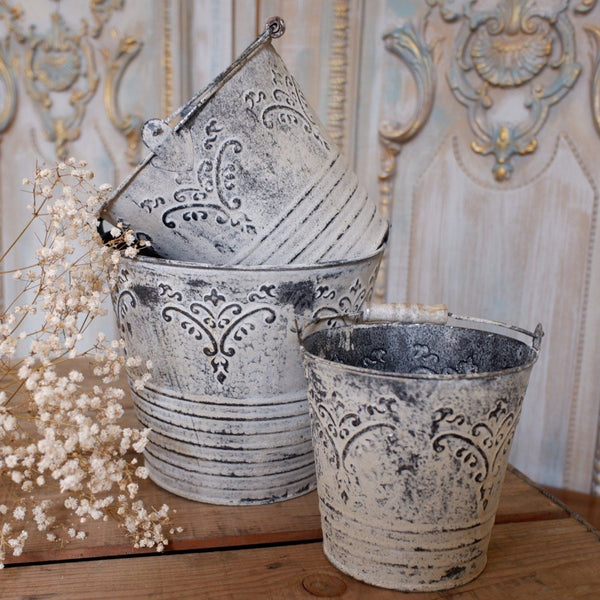 NEW French Grey Zinc Vintage Shabby Chic Set of 3 Planter Metal Baskets Pots Buckets Bin Pail