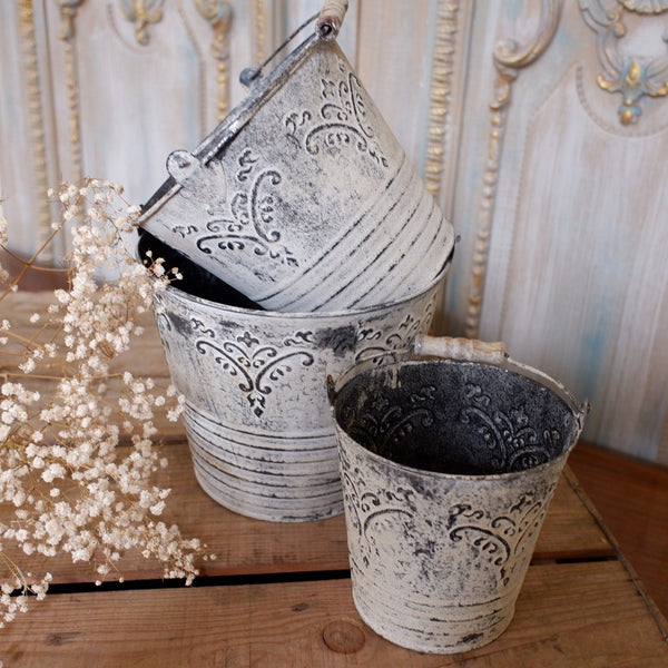 NEW French Grey Zinc Vintage Shabby Chic Set of 3 Planter Metal Baskets Pots Buckets Bin Pail