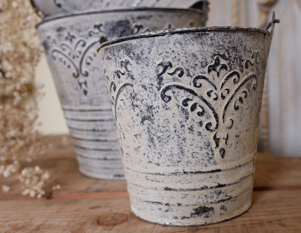 NEW French Grey Zinc Vintage Shabby Chic Set of 3 Planter Metal Baskets Pots Buckets Bin Pail