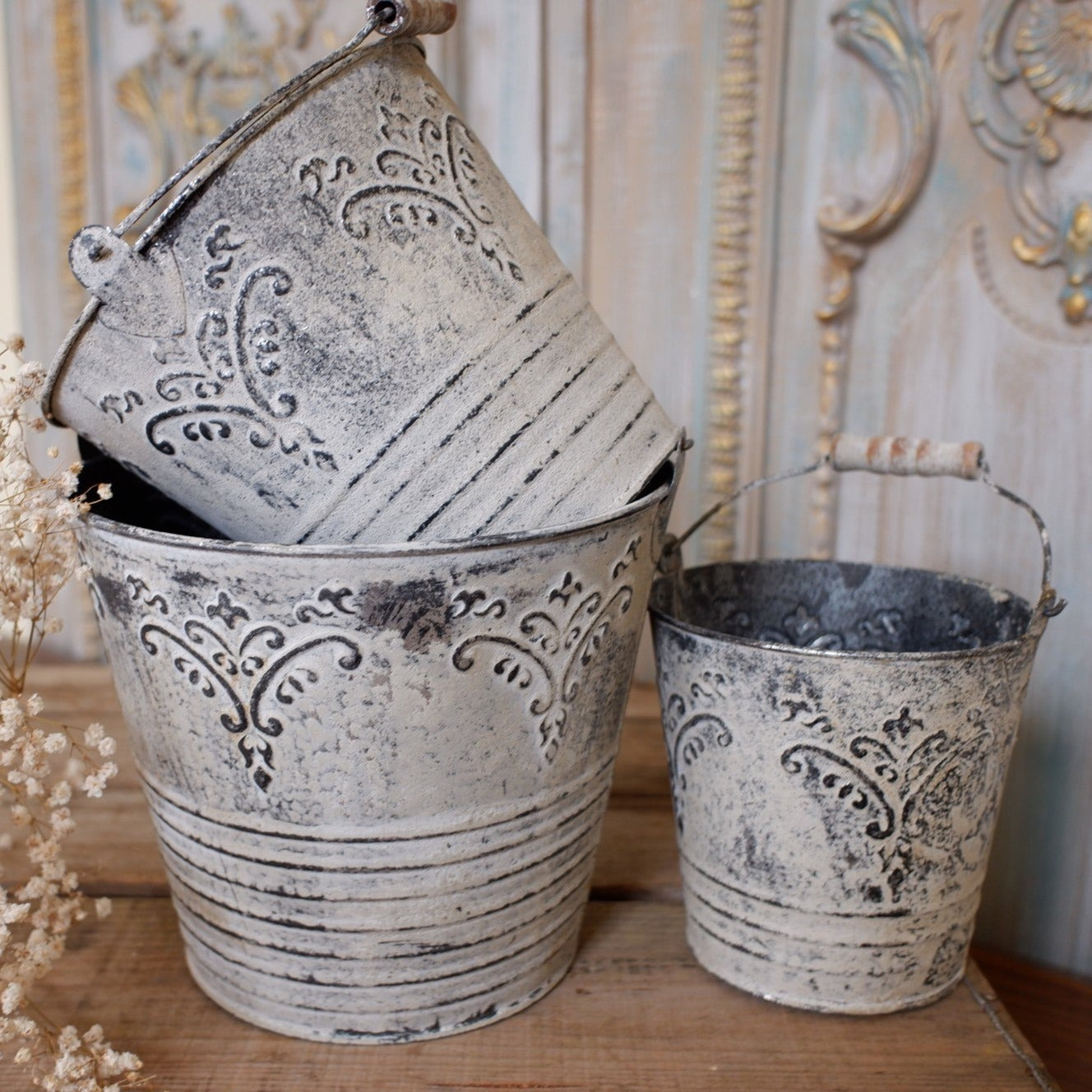 NEW French Grey Zinc Vintage Shabby Chic Set of 3 Planter Metal Baskets Pots Buckets Bin Pail