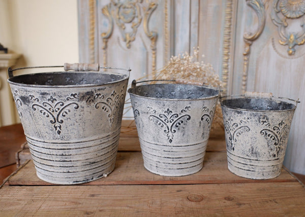 NEW French Grey Zinc Vintage Shabby Chic Set of 3 Planter Metal Baskets Pots Buckets Bin Pail