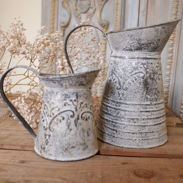 NEW French Metal Rustic GREY Vintage Shabby Chic Watering Jug Vase Planter Pot