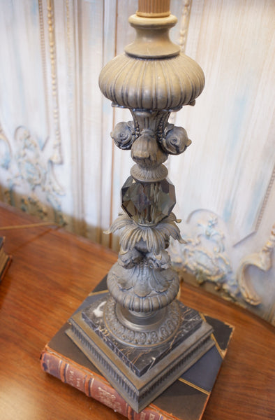 Pair of Antique Tall FRENCH Ornate Smoked Glass Marble & Spelter Table Lamps