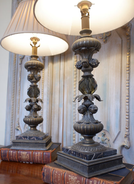 Pair of Antique Tall FRENCH Ornate Smoked Glass Marble & Spelter Table Lamps
