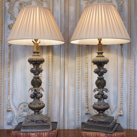 Pair of Antique Tall FRENCH Ornate Smoked Glass Marble & Spelter Table Lamps