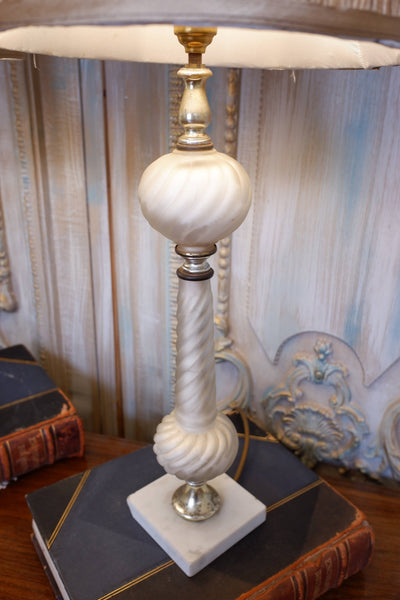 Pair of Antique FRENCH Ornate Frosted PEARL Glass & Marble Table Fireplace Lamps